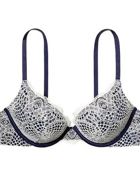 Victoria’s Secret Bombshell Push Up Adds 2 Sizes Lace Navy White Bra 3 DDD